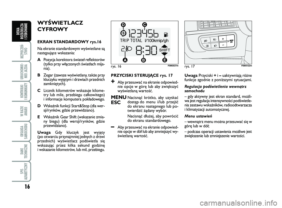 FIAT PUNTO 2017  Instrukcja obsługi (in Polish) 16
BEZ PIE CZEŃ -STWO
URU CHO MIE -NIEI JAZ DA
KON TRO L KI
I  KO MU NI KA TY
W RA ZIE AWA RII
OB SŁU GA
SA MO CHO DU
DA NE
TECH NICZ NE
SPIS
ALFABETYCZNY
DE SKA
ROZ DZIEL CZA
I STEROWANIE
WY  ŚWIE