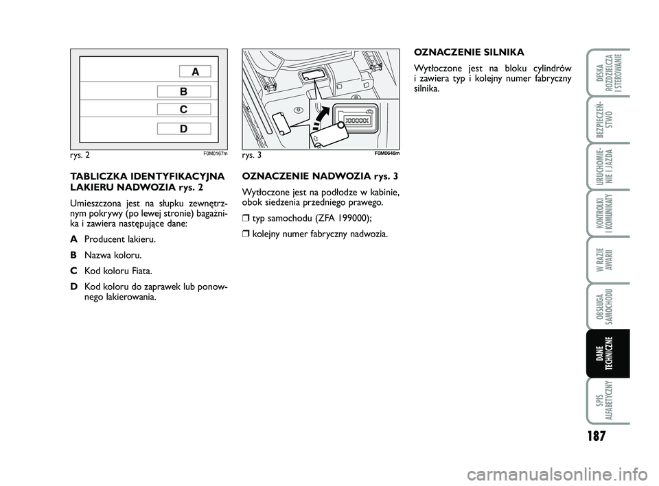 FIAT PUNTO 2019 Instrukcja obsługi (in Polish) 187
SPIS
ALFABETYCZNY
DE SKA
ROZ DZIEL CZA
I STEROWANIE
BEZ PIE CZEŃ - STWO
URU CHO MIE -NIE I JAZ DA
KON TRO L KI
I KO MU NI KA TY
W RA ZIE AWA RII
OB SŁU GA
SA MO CHO DU
DA NE
TECH NICZ NE
OZNA FIAT PUNTO 2019 Instrukcja obsługi (in Polish) 187
SPIS
ALFABETYCZNY
DE SKA
ROZ DZIEL CZA
I STEROWANIE
BEZ PIE CZEŃ - STWO
URU CHO MIE -NIE I JAZ DA
KON TRO L KI
I KO MU NI KA TY
W RA ZIE AWA RII
OB SŁU GA
SA MO CHO DU
DA NE
TECH NICZ NE
OZNA