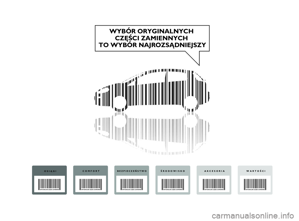 FIAT PUNTO 2020  Instrukcja obsługi (in Polish) WYBÓR ORYGINALNYCH CZĘŚCI ZAMIENNYCH 
TO WYBÓR NAJROZSĄDNIEJSZY
OSIĄGI
ORYGINALNE CZĘŚCI ZAMIENNE
COMFORT
ORYGINALNE CZĘŚCI ZAMIENNE
BEZPIECZEŃSTWO
ORYGINALNE CZĘŚCI ZAMIENNE
ŚRODOWISKO
