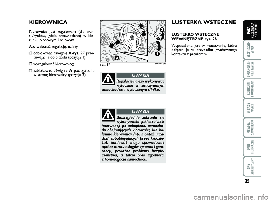 FIAT PUNTO 2017  Instrukcja obsługi (in Polish) 35
BEZ PIE CZEŃ -STWO
URU CHO MIE -NIE I JAZ DA
KON TRO L KI
I  KO MU NI KA TY
W RA ZIE AWA RII
OB SŁU GA
SA MO CHO DU
DA NE
TECH NICZ NE
SPIS
ALFABETYCZNY
DE SKA
ROZ DZIEL CZA
I STEROWANIE
LU STER 