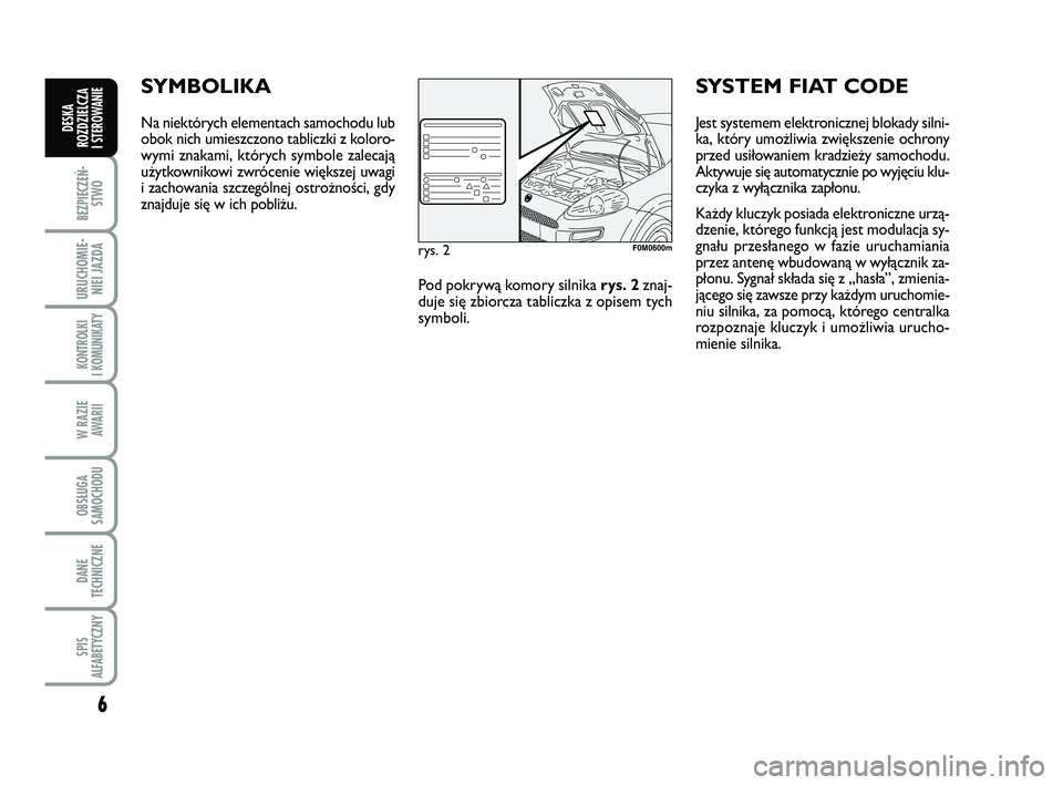 FIAT PUNTO 2015  Instrukcja obsługi (in Polish) 6
BEZ PIE CZEŃ -STWO
URU CHO MIE -NIEI JAZ DA
KON TRO L KI
I  KO MU NI KA TY
W RA ZIE AWA RII
OB SŁU GA
SA MO CHO DU
DA NE
TECH NICZ NE
SPIS
ALFABETYCZNY
DE SKA
ROZ DZIEL CZA
I STEROWANIE
SYM  BO LI