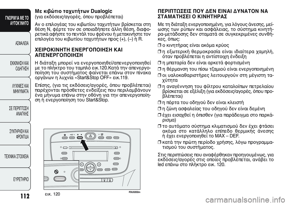 FIAT PUNTO 2011  ΒΙΒΛΙΟ ΧΡΗΣΗΣ ΚΑΙ ΣΥΝΤΗΡΗΣΗΣ (in Greek) F0U0202mεικ. 120
ΠΕΡΙΠΤΩΣΕΙΣ ΠΟΥ ΔΕΝ ΕΙΝΑΙ ΔΥΝΑΤΟΝ ΝΑ
ΣΤΑΜΑΤΗΣΕΙ Ο ΚΙΝΗΤΗΡΑΣ
Με τη διάταξη ενεργοποιημένη, για λόγ