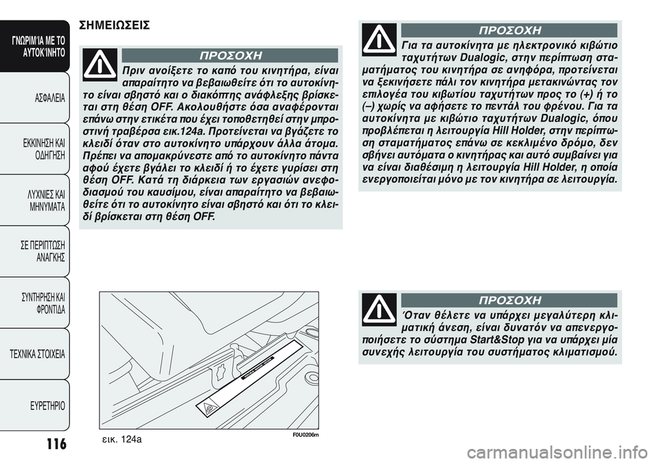 FIAT PUNTO 2011  ΒΙΒΛΙΟ ΧΡΗΣΗΣ ΚΑΙ ΣΥΝΤΗΡΗΣΗΣ (in Greek) 116
ΓΝΩΡΙΜΊΑ ΜΕ ΤΟ
ΑΥΤΟΚΊΝΗΤΟ
ΑΣΦΑΛΕΙΑ
ΕΚΚΙΝΗΣΗ ΚΑΙ
ΟΔΗΓΗΣΗ
ΛΥΧΝΙΕΣ ΚΑΙ
ΜΗΝΥΜΑΤΑ
ΣΕ ΠΕΡΙΠΤΩΣΗ
ΑΝΑΓΚΗΣ
ΣΥΝΤΗΡΗ