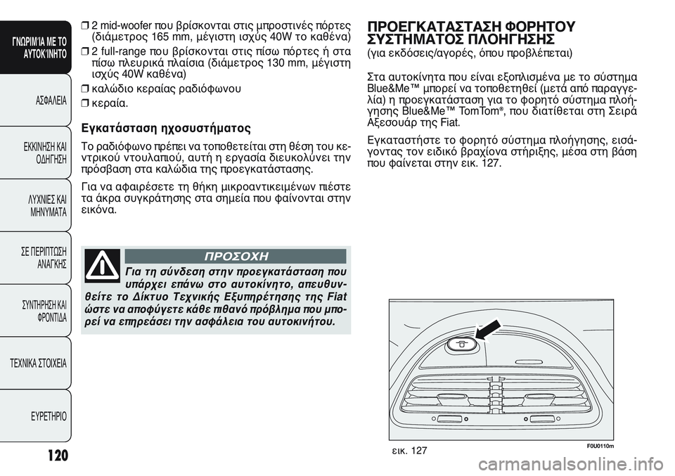 FIAT PUNTO 2011  ΒΙΒΛΙΟ ΧΡΗΣΗΣ ΚΑΙ ΣΥΝΤΗΡΗΣΗΣ (in Greek) 120
ΓΝΩΡΙΜΊΑ ΜΕ ΤΟ
ΑΥΤΟΚΊΝΗΤΟ
ΑΣΦΑΛΕΙΑ
ΕΚΚΙΝΗΣΗ ΚΑΙ
ΟΔΗΓΗΣΗ
ΛΥΧΝΙΕΣ ΚΑΙ
ΜΗΝΥΜΑΤΑ
ΣΕ ΠΕΡΙΠΤΩΣΗ
ΑΝΑΓΚΗΣ
ΣΥΝΤΗΡΗ