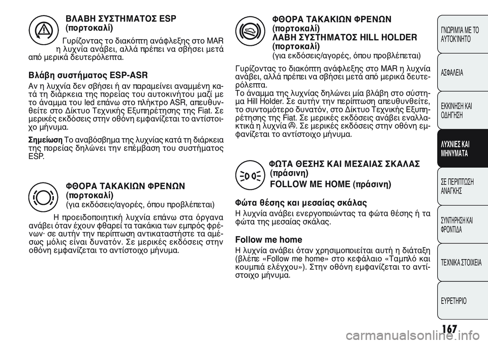 FIAT PUNTO 2011 ΒΙΒΛΙΟ ΧΡΗΣΗΣ ΚΑΙ ΣΥΝΤΗΡΗΣΗΣ (in Greek) 167
ΓΝΩΡΙΜΊΑ ΜΕ ΤΟ
ΑΥΤΟΚΊΝΗΤΟ
ΑΣΦΑΛΕΙΑ
ΕΚΚΙΝΗΣΗ ΚΑΙ
ΟΔΗΓΗΣΗ
ΛΥΧΝΙΕΣ ΚΑΙ
ΜΗΝΥΜΑΤΑ
ΣΕ ΠΕΡΙΠΤΩΣΗ
ΑΝΑΓΚΗΣ
ΣΥΝΤΗΡΗ FIAT PUNTO 2011 ΒΙΒΛΙΟ ΧΡΗΣΗΣ ΚΑΙ ΣΥΝΤΗΡΗΣΗΣ (in Greek) 167
ΓΝΩΡΙΜΊΑ ΜΕ ΤΟ
ΑΥΤΟΚΊΝΗΤΟ
ΑΣΦΑΛΕΙΑ
ΕΚΚΙΝΗΣΗ ΚΑΙ
ΟΔΗΓΗΣΗ
ΛΥΧΝΙΕΣ ΚΑΙ
ΜΗΝΥΜΑΤΑ
ΣΕ ΠΕΡΙΠΤΩΣΗ
ΑΝΑΓΚΗΣ
ΣΥΝΤΗΡΗ