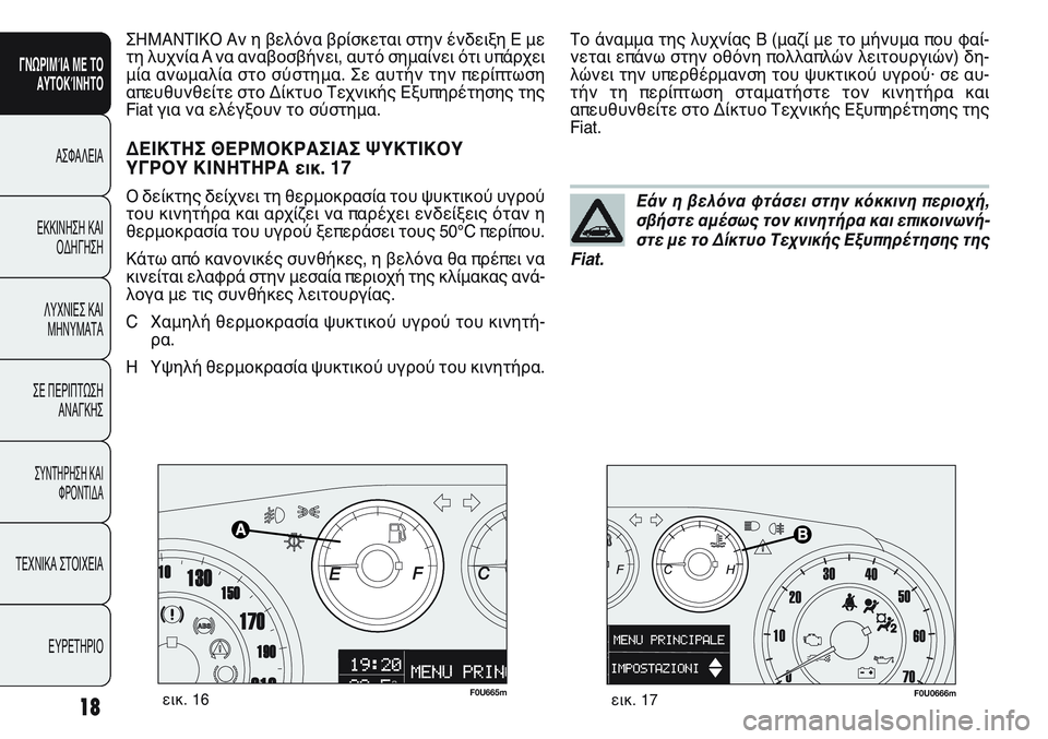 FIAT PUNTO 2011  ΒΙΒΛΙΟ ΧΡΗΣΗΣ ΚΑΙ ΣΥΝΤΗΡΗΣΗΣ (in Greek) F0U665mεικ. 16F0U0666mεικ. 17
Το άναμμα της λυχνίας B (μαζί με το μήνυμα που φαί-
νεται επάνω στην οθόνη πολλαπλών λειτου