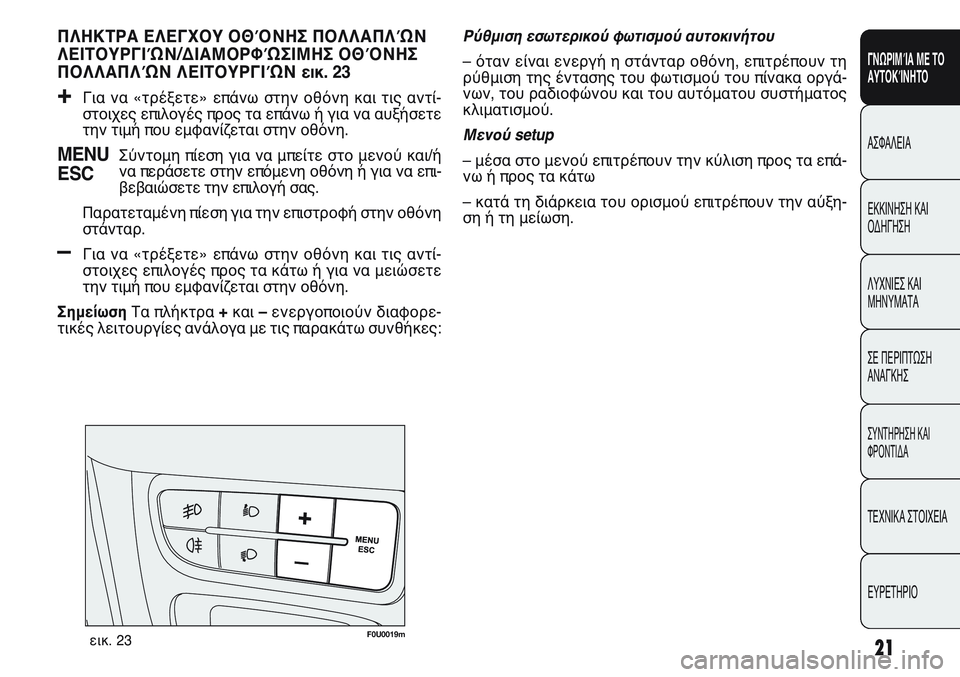 FIAT PUNTO 2011 ΒΙΒΛΙΟ ΧΡΗΣΗΣ ΚΑΙ ΣΥΝΤΗΡΗΣΗΣ (in Greek) 21
ΓΝΩΡΙΜΊΑ ΜΕ ΤΟ
ΑΥΤΟΚΊΝΗΤΟ
ΑΣΦΑΛΕΙΑ
ΕΚΚΙΝΗΣΗ ΚΑΙ
ΟΔΗΓΗΣΗ
ΛΥΧΝΙΕΣ ΚΑΙ
ΜΗΝΥΜΑΤΑ
ΣΕ ΠΕΡΙΠΤΩΣΗ
ΑΝΑΓΚΗΣ
ΣΥΝΤΗΡΗ FIAT PUNTO 2011 ΒΙΒΛΙΟ ΧΡΗΣΗΣ ΚΑΙ ΣΥΝΤΗΡΗΣΗΣ (in Greek) 21
ΓΝΩΡΙΜΊΑ ΜΕ ΤΟ
ΑΥΤΟΚΊΝΗΤΟ
ΑΣΦΑΛΕΙΑ
ΕΚΚΙΝΗΣΗ ΚΑΙ
ΟΔΗΓΗΣΗ
ΛΥΧΝΙΕΣ ΚΑΙ
ΜΗΝΥΜΑΤΑ
ΣΕ ΠΕΡΙΠΤΩΣΗ
ΑΝΑΓΚΗΣ
ΣΥΝΤΗΡΗ