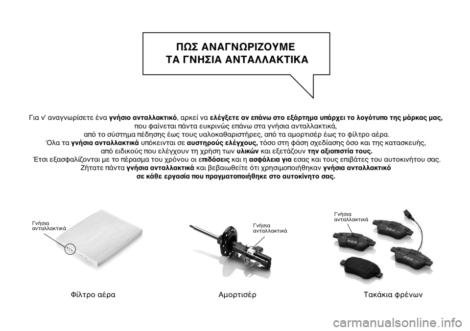 FIAT PUNTO 2011  ΒΙΒΛΙΟ ΧΡΗΣΗΣ ΚΑΙ ΣΥΝΤΗΡΗΣΗΣ (in Greek) ΠΩΣ ΑΝΑΓΝΩΡΙΖΟΥΜΕ 
ΤΑ ΓΝΗΣΙΑ ΑΝΤΑΛΛΑΚΤΙΚΑ
Φίλτρο αέρα
Γνήσια 
ανταλλακτικά
Αμορτισέρ
Γνήσια 
ανταλλακτικά
Τ�