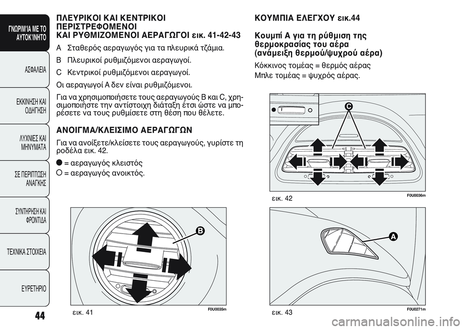 FIAT PUNTO 2011 ΒΙΒΛΙΟ ΧΡΗΣΗΣ ΚΑΙ ΣΥΝΤΗΡΗΣΗΣ (in Greek) F0U0035mεικ. 41F0U0271mεικ. 43
F0U0036mεικ. 42
ΚΟΥΜΠΙΑ ΕΛΕΓΧΟΥ εικ.44
Κουμπί Α για τη ρύθμιση της
θερμοκρασίας του αέρα
(ανάμε FIAT PUNTO 2011 ΒΙΒΛΙΟ ΧΡΗΣΗΣ ΚΑΙ ΣΥΝΤΗΡΗΣΗΣ (in Greek) F0U0035mεικ. 41F0U0271mεικ. 43
F0U0036mεικ. 42
ΚΟΥΜΠΙΑ ΕΛΕΓΧΟΥ εικ.44
Κουμπί Α για τη ρύθμιση της
θερμοκρασίας του αέρα
(ανάμε
