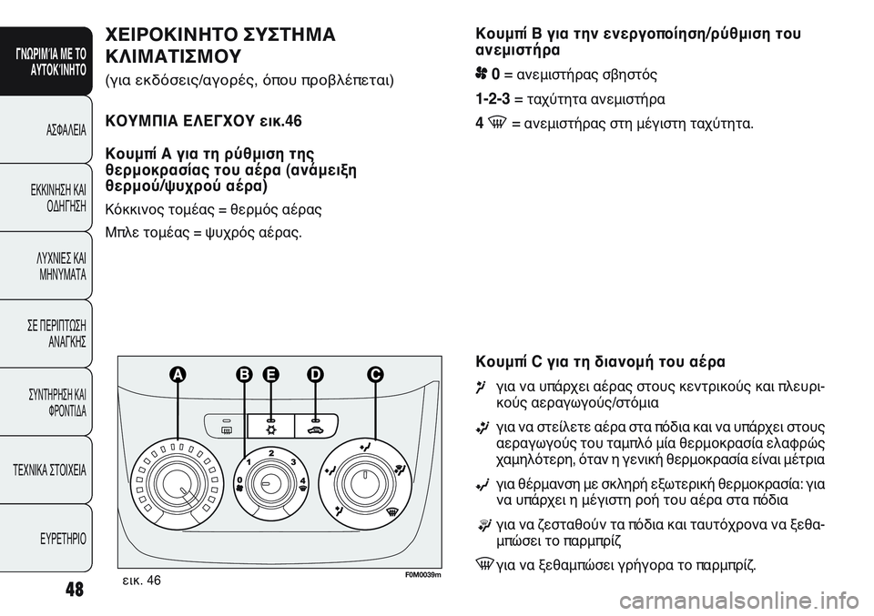 FIAT PUNTO 2011 ΒΙΒΛΙΟ ΧΡΗΣΗΣ ΚΑΙ ΣΥΝΤΗΡΗΣΗΣ (in Greek) Κουμπί Β για την ενεργοποίηση/ρύθμιση του
ανεμιστήρα
p0= ανεμιστήρας σβηστός
1-2-3= ταχύτητα ανεμιστήρα
4 -=ανεμι FIAT PUNTO 2011 ΒΙΒΛΙΟ ΧΡΗΣΗΣ ΚΑΙ ΣΥΝΤΗΡΗΣΗΣ (in Greek) Κουμπί Β για την ενεργοποίηση/ρύθμιση του
ανεμιστήρα
p0= ανεμιστήρας σβηστός
1-2-3= ταχύτητα ανεμιστήρα
4 -=ανεμι