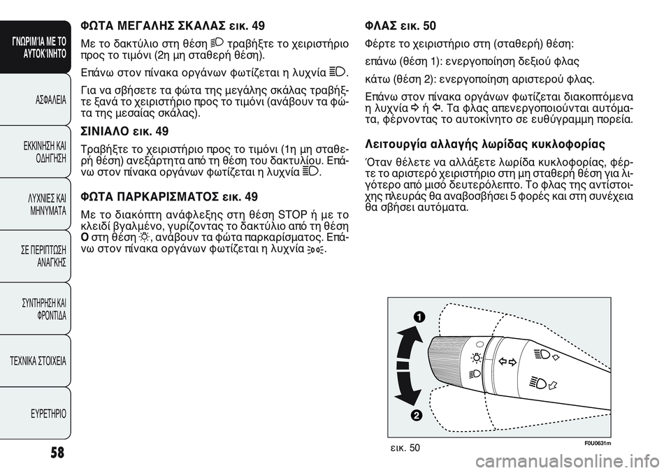 FIAT PUNTO 2011 ΒΙΒΛΙΟ ΧΡΗΣΗΣ ΚΑΙ ΣΥΝΤΗΡΗΣΗΣ (in Greek) ΦΛΑΣ εικ. 50
Φέρτε το χειριστήριο στη (σταθερή) θέση:
επάνω (θέση 1): ενεργοποίηση δεξιού φλας
κάτω (θέση 2): ενεργ FIAT PUNTO 2011 ΒΙΒΛΙΟ ΧΡΗΣΗΣ ΚΑΙ ΣΥΝΤΗΡΗΣΗΣ (in Greek) ΦΛΑΣ εικ. 50
Φέρτε το χειριστήριο στη (σταθερή) θέση:
επάνω (θέση 1): ενεργοποίηση δεξιού φλας
κάτω (θέση 2): ενεργ