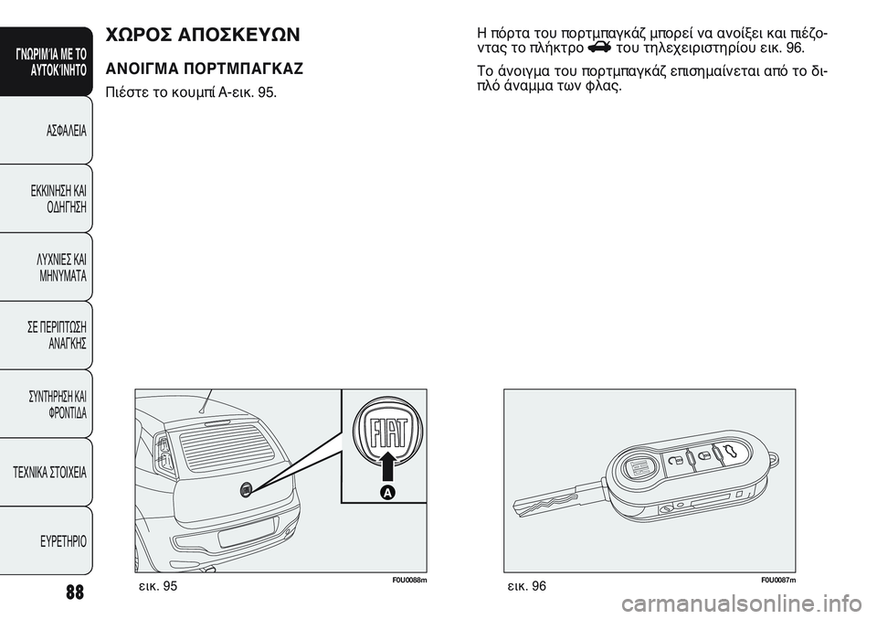 FIAT PUNTO 2011 ΒΙΒΛΙΟ ΧΡΗΣΗΣ ΚΑΙ ΣΥΝΤΗΡΗΣΗΣ (in Greek) F0U0088mεικ. 95F0U0087mεικ. 96
Η πόρτα του πορτμπαγκάζ μπορεί να ανοίξει και πιέζο-
ντας το πλήκτρο Rτου τηλεχειριστηρίο FIAT PUNTO 2011 ΒΙΒΛΙΟ ΧΡΗΣΗΣ ΚΑΙ ΣΥΝΤΗΡΗΣΗΣ (in Greek) F0U0088mεικ. 95F0U0087mεικ. 96
Η πόρτα του πορτμπαγκάζ μπορεί να ανοίξει και πιέζο-
ντας το πλήκτρο Rτου τηλεχειριστηρίο