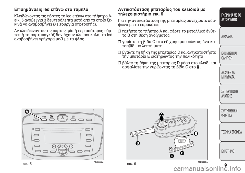 FIAT PUNTO 2013  ΒΙΒΛΙΟ ΧΡΗΣΗΣ ΚΑΙ ΣΥΝΤΗΡΗΣΗΣ (in Greek) 

F0U0005mεικ. 5F0U0006mεικ. 6
Αντικατάσταση μπαταρίας του κλειδιού με
τηλεχειριστήριο εικ. 6
Για την αντικατάσταση 
