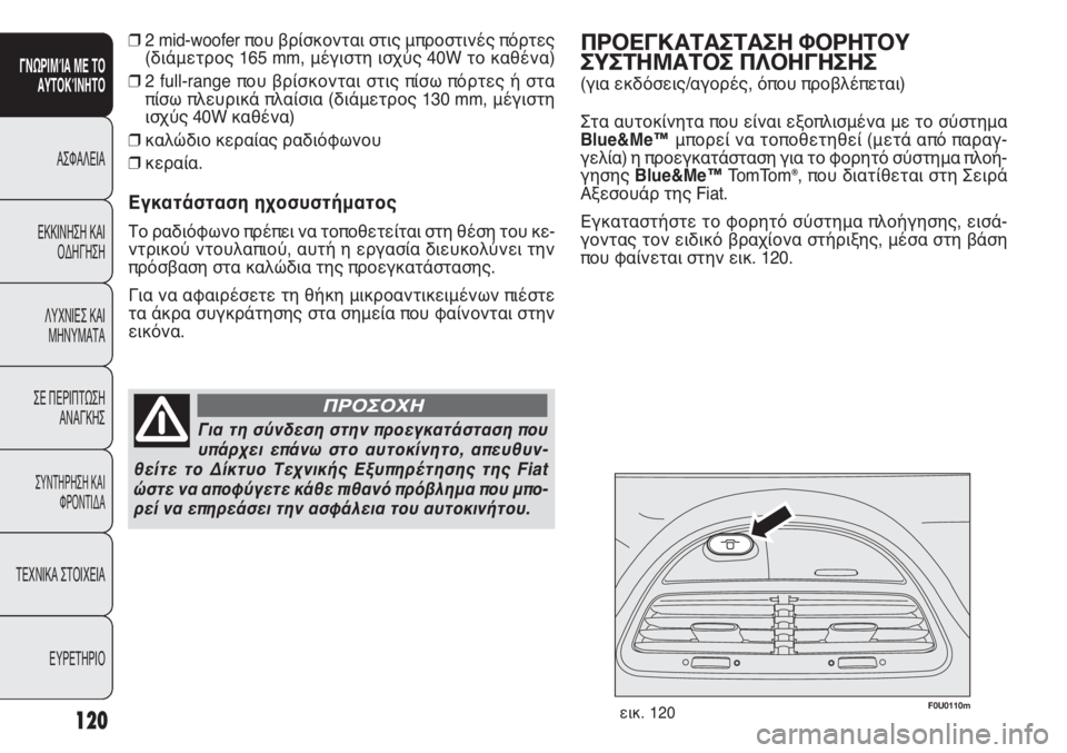 FIAT PUNTO 2012  ΒΙΒΛΙΟ ΧΡΗΣΗΣ ΚΑΙ ΣΥΝΤΗΡΗΣΗΣ (in Greek) 120
ΓΝΩΡΙΜΊΑ ΜΕ ΤΟ
ΑΥΤΟΚΊΝΗΤΟ
ΑΣΦΑΛΕΙΑ
ΕΚΚΙΝΗΣΗ ΚΑΙ
ΟΔΗΓΗΣΗ
ΛΥΧΝΙΕΣ ΚΑΙ
ΜΗΝΥΜΑΤΑ
ΣΕ ΠΕΡΙΠΤΩΣΗ
ΑΝΑΓΚΗΣ
ΣΥΝΤΗΡΗ