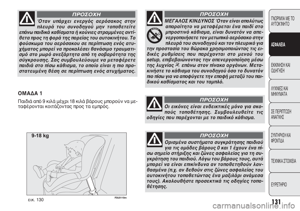 FIAT PUNTO 2013 ΒΙΒΛΙΟ ΧΡΗΣΗΣ ΚΑΙ ΣΥΝΤΗΡΗΣΗΣ (in Greek) F0U0119mεικ. 130
ΟΜΑΔΑ 1
Παιδιά από 9 κιλά μέχρι 18 κιλά βάρους μπορούν να με-
ταφέρονται κοιτάζοντας προς τα εμπρός.
13 FIAT PUNTO 2013 ΒΙΒΛΙΟ ΧΡΗΣΗΣ ΚΑΙ ΣΥΝΤΗΡΗΣΗΣ (in Greek) F0U0119mεικ. 130
ΟΜΑΔΑ 1
Παιδιά από 9 κιλά μέχρι 18 κιλά βάρους μπορούν να με-
ταφέρονται κοιτάζοντας προς τα εμπρός.
13