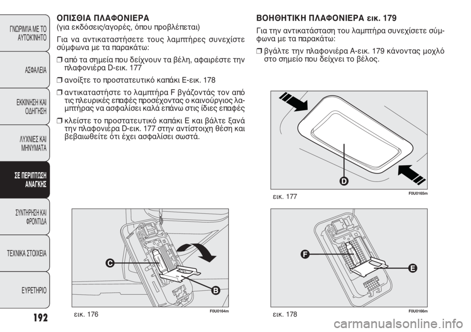 FIAT PUNTO 2013 ΒΙΒΛΙΟ ΧΡΗΣΗΣ ΚΑΙ ΣΥΝΤΗΡΗΣΗΣ (in Greek) F0U0164mεικ. 176
ΟΠΙΣΘΙΑ ΠΛΑΦΟΝΙΕΡΑ
(για εκδόσεις/αγορές, όπου προβλέπεται)
Για να αντικαταστήσετε τους λαμπτήρες FIAT PUNTO 2013 ΒΙΒΛΙΟ ΧΡΗΣΗΣ ΚΑΙ ΣΥΝΤΗΡΗΣΗΣ (in Greek) F0U0164mεικ. 176
ΟΠΙΣΘΙΑ ΠΛΑΦΟΝΙΕΡΑ
(για εκδόσεις/αγορές, όπου προβλέπεται)
Για να αντικαταστήσετε τους λαμπτήρες