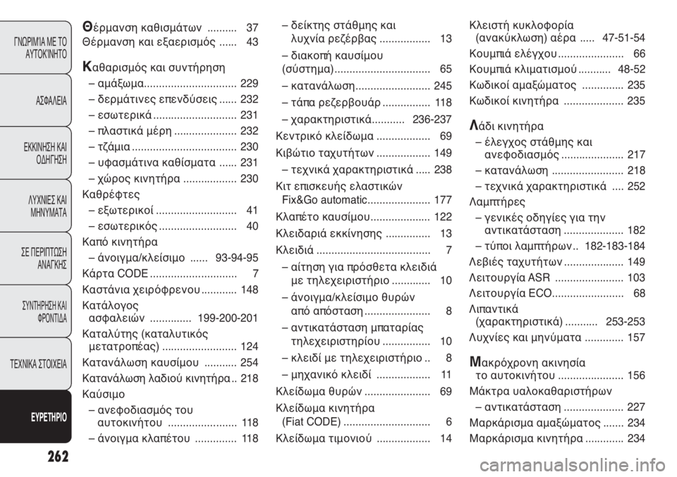 FIAT PUNTO 2013 ΒΙΒΛΙΟ ΧΡΗΣΗΣ ΚΑΙ ΣΥΝΤΗΡΗΣΗΣ (in Greek) 262
ΓΝΩΡΙΜΊΑ ΜΕ ΤΟ
ΑΥΤΟΚΊΝΗΤΟ
ΑΣΦΑΛΕΙΑ
ΕΚΚΙΝΗΣΗ ΚΑΙ
ΟΔΗΓΗΣΗ
ΛΥΧΝΙΕΣ ΚΑΙ
ΜΗΝΥΜΑΤΑ
ΣΕ ΠΕΡΙΠΤΩΣΗ
ΑΝΑΓΚΗΣ
ΣΥΝΤΗΡΗ FIAT PUNTO 2013 ΒΙΒΛΙΟ ΧΡΗΣΗΣ ΚΑΙ ΣΥΝΤΗΡΗΣΗΣ (in Greek) 262
ΓΝΩΡΙΜΊΑ ΜΕ ΤΟ
ΑΥΤΟΚΊΝΗΤΟ
ΑΣΦΑΛΕΙΑ
ΕΚΚΙΝΗΣΗ ΚΑΙ
ΟΔΗΓΗΣΗ
ΛΥΧΝΙΕΣ ΚΑΙ
ΜΗΝΥΜΑΤΑ
ΣΕ ΠΕΡΙΠΤΩΣΗ
ΑΝΑΓΚΗΣ
ΣΥΝΤΗΡΗ