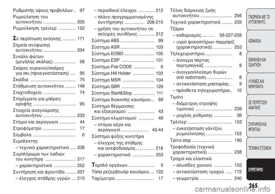 FIAT PUNTO 2013 ΒΙΒΛΙΟ ΧΡΗΣΗΣ ΚΑΙ ΣΥΝΤΗΡΗΣΗΣ (in Greek) 265
ΓΝΩΡΙΜΊΑ ΜΕ ΤΟ
ΑΥΤΟΚΊΝΗΤΟ
ΑΣΦΑΛΕΙΑ
ΕΚΚΙΝΗΣΗ ΚΑΙ
ΟΔΗΓΗΣΗ
ΛΥΧΝΙΕΣ ΚΑΙ
ΜΗΝΥΜΑΤΑ
ΣΕ ΠΕΡΙΠΤΩΣΗ
ΑΝΑΓΚΗΣ
ΣΥΝΤΗΡΗ FIAT PUNTO 2013 ΒΙΒΛΙΟ ΧΡΗΣΗΣ ΚΑΙ ΣΥΝΤΗΡΗΣΗΣ (in Greek) 265
ΓΝΩΡΙΜΊΑ ΜΕ ΤΟ
ΑΥΤΟΚΊΝΗΤΟ
ΑΣΦΑΛΕΙΑ
ΕΚΚΙΝΗΣΗ ΚΑΙ
ΟΔΗΓΗΣΗ
ΛΥΧΝΙΕΣ ΚΑΙ
ΜΗΝΥΜΑΤΑ
ΣΕ ΠΕΡΙΠΤΩΣΗ
ΑΝΑΓΚΗΣ
ΣΥΝΤΗΡΗ