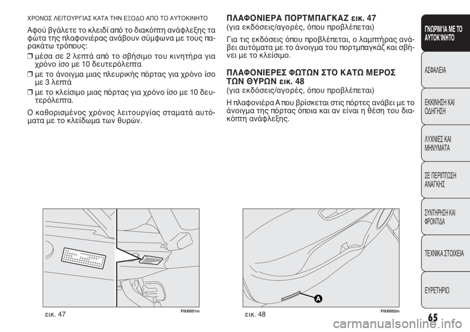 FIAT PUNTO 2013 ΒΙΒΛΙΟ ΧΡΗΣΗΣ ΚΑΙ ΣΥΝΤΗΡΗΣΗΣ (in Greek) ΠΛΑΦΟΝΙΕΡΑ ΠΟΡΤΜΠΑΓΚΑΖ εικ. 47
(για εκδόσεις/αγορές, όπου προβλέπεται)
Για τις εκδόσεις όπου προβλέπεται, ο λαμ FIAT PUNTO 2013 ΒΙΒΛΙΟ ΧΡΗΣΗΣ ΚΑΙ ΣΥΝΤΗΡΗΣΗΣ (in Greek) ΠΛΑΦΟΝΙΕΡΑ ΠΟΡΤΜΠΑΓΚΑΖ εικ. 47
(για εκδόσεις/αγορές, όπου προβλέπεται)
Για τις εκδόσεις όπου προβλέπεται, ο λαμ