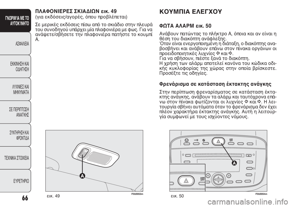 FIAT PUNTO 2013 ΒΙΒΛΙΟ ΧΡΗΣΗΣ ΚΑΙ ΣΥΝΤΗΡΗΣΗΣ (in Greek) F0U0053mεικ. 49
ΚΟΥΜΠΙΑ ΕΛΕΓΧΟΥ
ΦΩΤΑ ΑΛΑΡΜ εικ. 50
Ανάβουν πατώντας το πλήκτρο A, όποια και αν είναι η
θέση του διακόπ FIAT PUNTO 2013 ΒΙΒΛΙΟ ΧΡΗΣΗΣ ΚΑΙ ΣΥΝΤΗΡΗΣΗΣ (in Greek) F0U0053mεικ. 49
ΚΟΥΜΠΙΑ ΕΛΕΓΧΟΥ
ΦΩΤΑ ΑΛΑΡΜ εικ. 50
Ανάβουν πατώντας το πλήκτρο A, όποια και αν είναι η
θέση του διακόπ