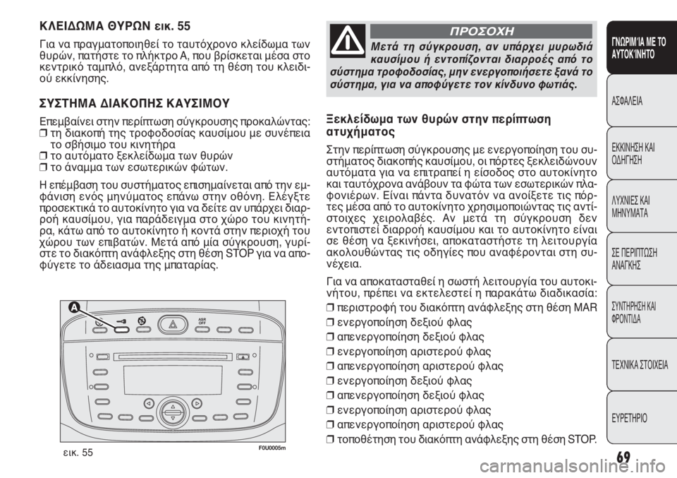 FIAT PUNTO 2013  ΒΙΒΛΙΟ ΧΡΗΣΗΣ ΚΑΙ ΣΥΝΤΗΡΗΣΗΣ (in Greek) 

F0U0005mεικ. 55
ΚΛΕΙΔΩΜΑ ΘΥΡΩΝ εικ. 55
Για να πραγματοποιηθεί το ταυτόχρονο κλείδωμα των
θυρών, πατήστε το πλήκ