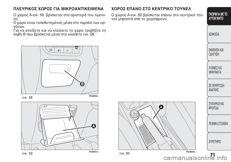 FIAT PUNTO 2013  ΒΙΒΛΙΟ ΧΡΗΣΗΣ ΚΑΙ ΣΥΝΤΗΡΗΣΗΣ (in Greek) F0U0060mεικ. 58
F0U0061mεικ. 59
ΠΛΕΥΡΙΚΟΣ ΧΩΡΟΣ ΓΙΑ ΜΙΚΡΟΑΝΤΙΚΕΙΜΕΝΑ
Ο χώρος A-εικ. 59, βρίσκεται στα αριστερά του τιμονι-
