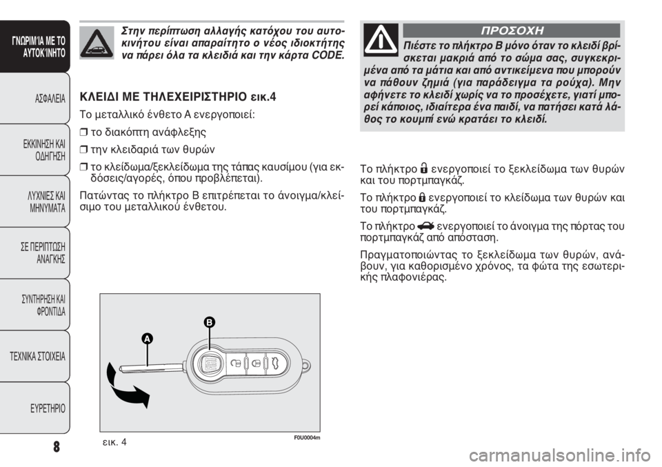 FIAT PUNTO 2013  ΒΙΒΛΙΟ ΧΡΗΣΗΣ ΚΑΙ ΣΥΝΤΗΡΗΣΗΣ (in Greek) F0U0004mεικ. 4
ΚΛΕΙΔΙ ΜΕ ΤΗΛΕΧΕΙΡΙΣΤΗΡΙΟ εικ.4
Το μεταλλικό ένθετο A ενεργοποιεί:
❒το διακόπτη ανάφλεξης
❒την κλε�