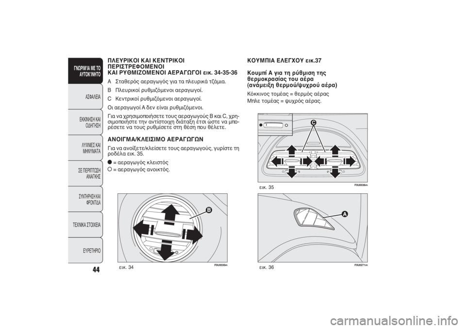 FIAT PUNTO 2014  ΒΙΒΛΙΟ ΧΡΗΣΗΣ ΚΑΙ ΣΥΝΤΗΡΗΣΗΣ (in Greek) F0U0035m
εικ. 34
F0U0271m
εικ. 36
F0U0036m
εικ. 35
ΚΟΥΜΠΙΑ ΕΛΕΓΧΟΥ εικ.37
Κουμπί Α για τη ρύθμιση της 
θερμοκρασίας του αέρα 
(ανά