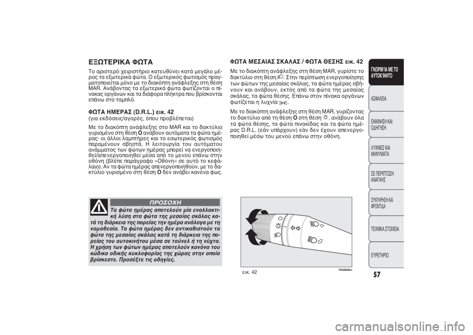 FIAT PUNTO 2014 ΒΙΒΛΙΟ ΧΡΗΣΗΣ ΚΑΙ ΣΥΝΤΗΡΗΣΗΣ (in Greek) F0U0630m
εικ. 42
Τα φώτα ημέρας αποτελούν μία εναλλακτι-
κή λύση στα φώτα της μεσαίας σκάλας κα-
τά τη διάρκεια της π FIAT PUNTO 2014 ΒΙΒΛΙΟ ΧΡΗΣΗΣ ΚΑΙ ΣΥΝΤΗΡΗΣΗΣ (in Greek) F0U0630m
εικ. 42
Τα φώτα ημέρας αποτελούν μία εναλλακτι-
κή λύση στα φώτα της μεσαίας σκάλας κα-
τά τη διάρκεια της π