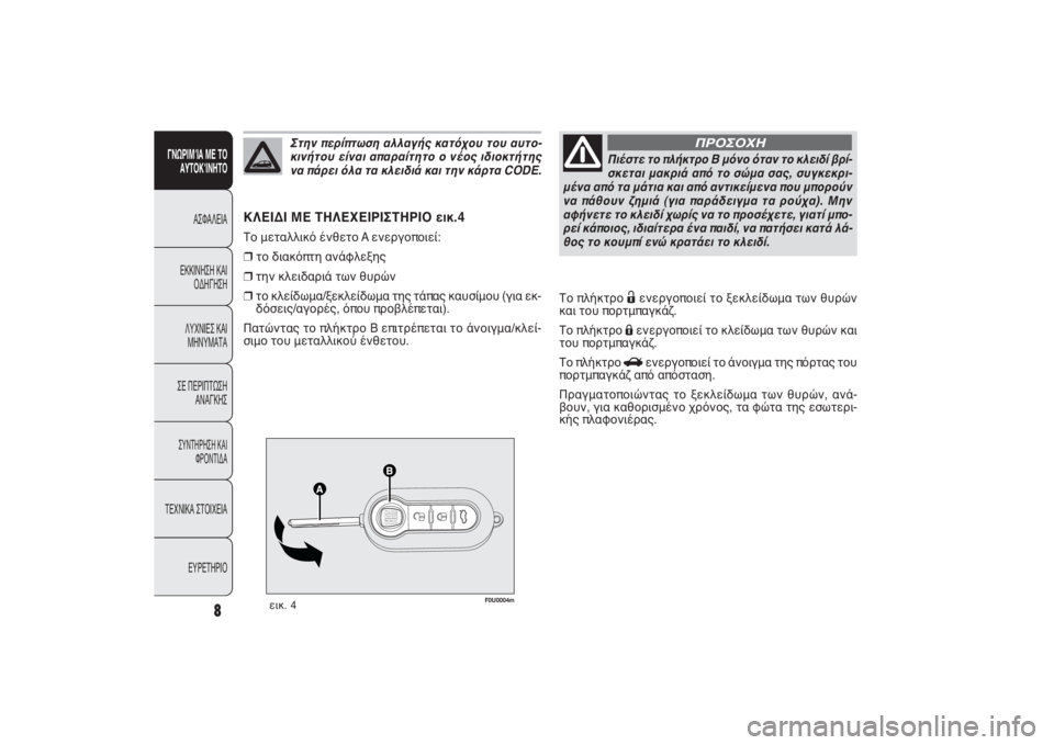 FIAT PUNTO 2014  ΒΙΒΛΙΟ ΧΡΗΣΗΣ ΚΑΙ ΣΥΝΤΗΡΗΣΗΣ (in Greek) F0U0004m
εικ. 4
ΚΛΕΙΔΙ ΜΕ ΤΗΛΕΧΕΙΡΙΣΤΗΡΙΟ εικ.4Το μεταλλικό ένθετο A ενεργοποιεί:❒
το διακόπτη ανάφλεξης
❒
την κλε