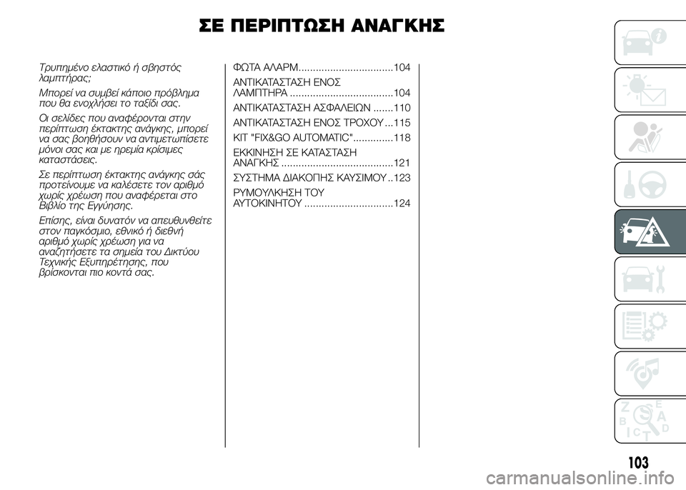 FIAT PUNTO 2016  ΒΙΒΛΙΟ ΧΡΗΣΗΣ ΚΑΙ ΣΥΝΤΗΡΗΣΗΣ (in Greek) ΣΕ ΠΕΡΙΠΤΩΣΗ ΑΝΑΓΚΗΣ
Τρυπημένο ελαστικό ή σβηστός
λαμπτήρας;
Μπορεί να συμβεί κάποιο πρόβλημα
που θα ενοχλήσ