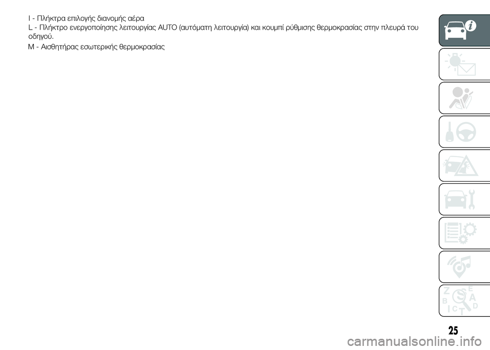 FIAT PUNTO 2015 ΒΙΒΛΙΟ ΧΡΗΣΗΣ ΚΑΙ ΣΥΝΤΗΡΗΣΗΣ (in Greek) Μ - Αισθητήρας εσωτερικής θερμοκρασίας
25
I - Πλήκτρα επιλογής διανομής αέρα
L - Πλήκτρο ενεργοποίησης λειτουργ FIAT PUNTO 2015 ΒΙΒΛΙΟ ΧΡΗΣΗΣ ΚΑΙ ΣΥΝΤΗΡΗΣΗΣ (in Greek) Μ - Αισθητήρας εσωτερικής θερμοκρασίας
25
I - Πλήκτρα επιλογής διανομής αέρα
L - Πλήκτρο ενεργοποίησης λειτουργ