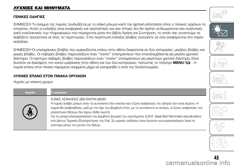 FIAT PUNTO 2015 ΒΙΒΛΙΟ ΧΡΗΣΗΣ ΚΑΙ ΣΥΝΤΗΡΗΣΗΣ (in Greek) ΛΥΧΝΙΕΣ ΚΑΙ ΜΗΝΥΜΑΤΑ
ΓΕΝΙΚΕΣ ΟΔΗΓΙΕΣ
ΣHMEIΩΣH Το άναμμα της λυχνίας συνδυάζεται με το ειδικό μήνυμα και/ή την η FIAT PUNTO 2015 ΒΙΒΛΙΟ ΧΡΗΣΗΣ ΚΑΙ ΣΥΝΤΗΡΗΣΗΣ (in Greek) ΛΥΧΝΙΕΣ ΚΑΙ ΜΗΝΥΜΑΤΑ
ΓΕΝΙΚΕΣ ΟΔΗΓΙΕΣ
ΣHMEIΩΣH Το άναμμα της λυχνίας συνδυάζεται με το ειδικό μήνυμα και/ή την η