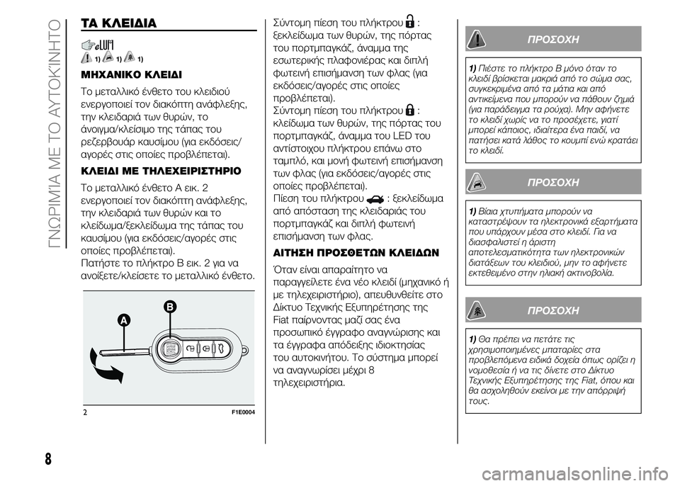 FIAT PUNTO 2015  ΒΙΒΛΙΟ ΧΡΗΣΗΣ ΚΑΙ ΣΥΝΤΗΡΗΣΗΣ (in Greek) ΤΑ ΚΛΕΙΔΙΑ
1)1)1)
ΜΗΧΑΝΙΚΟ ΚΛΕΙΔΙ
Το μεταλλικό ένθετο του κλειδιού
ενεργοποιεί τον διακόπτη ανάφλεξης,
την κλει