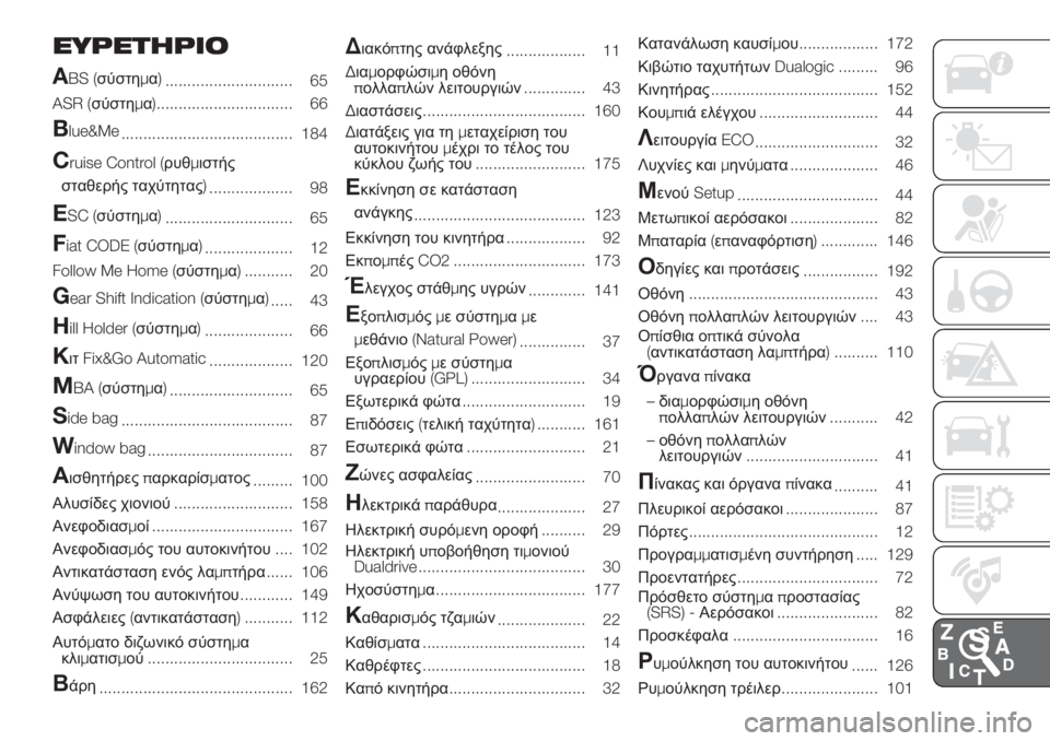FIAT PUNTO 2018  ΒΙΒΛΙΟ ΧΡΗΣΗΣ ΚΑΙ ΣΥΝΤΗΡΗΣΗΣ (in Greek) EYPETHPIO
A
BS (σύστημα)
............................. 65
ASR (σύστημα)............................... 66
Blue&Me
....................................... 184
Cruise Control (ρυθμισ