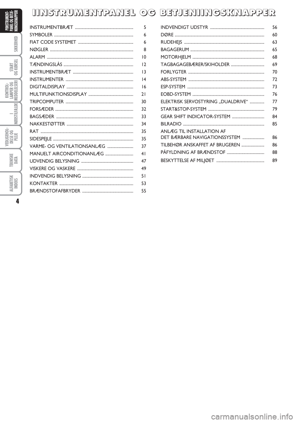 FIAT PUNTO 2012  Brugs- og vedligeholdelsesvejledning (in Danish) 4
SIKKERHED
START
OG KØRSEL
KONTROL-
LAMPER OG
MEDDELELSERI
I
NØDSTILFÆLDE
VEDLIGEHOL-
DELSE OG
PLEJE
TEKNISKE
D ATA
ALFABETISK
INDEKS
PIINSTRUMENT-
PANEL OG BETJE-
NIINGSKNAPPERIINSTRUMENTBRÆT ..