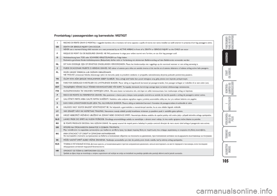 FIAT PUNTO 2014  Brugs- og vedligeholdelsesvejledning (in Danish) 105
START
OG KØRSELKONTROL-
LAMPER OG
MEDDELELSERII
NØDSTILFÆLDEVEDLIGEHOL-
DELSE OG
PLEJETEKNISKE
D ATAALFABETISK
INDEKSPIINSTRUMENT-
PANEL OG BETJE-
NIINGSKNAPPERISIKKERHED
Frontairbag i passager