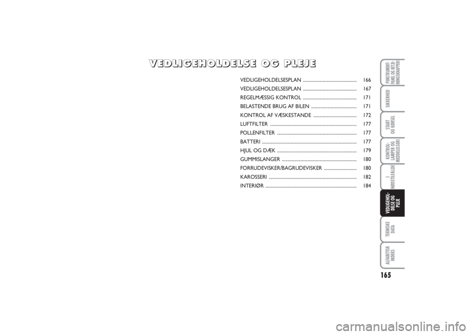 FIAT PUNTO 2014 Brugs- og vedligeholdelsesvejledning (in Danish) 165
TEKNISKE
D ATAALFABETISK
INDEKSPIINSTRUMENT-
PANEL OG BETJE-
NIINGSKNAPPERISIKKERHEDSTART
OG KØRSELKONTROL-
LAMPER OG
MEDDELELSERII
NØDSTILFÆLDEVEDLIGEHOL-
DELSE OG
PLEJE
VEDLIGEHOLDELSESPLAN . FIAT PUNTO 2014 Brugs- og vedligeholdelsesvejledning (in Danish) 165
TEKNISKE
D ATAALFABETISK
INDEKSPIINSTRUMENT-
PANEL OG BETJE-
NIINGSKNAPPERISIKKERHEDSTART
OG KØRSELKONTROL-
LAMPER OG
MEDDELELSERII
NØDSTILFÆLDEVEDLIGEHOL-
DELSE OG
PLEJE
VEDLIGEHOLDELSESPLAN .