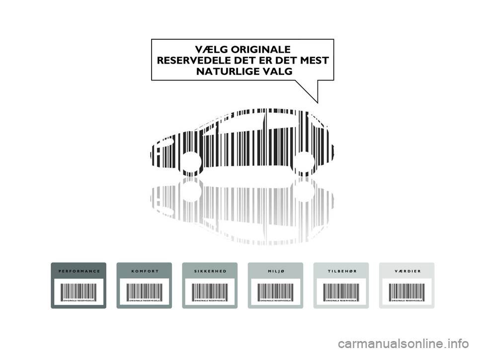 FIAT PUNTO 2015  Brugs- og vedligeholdelsesvejledning (in Danish) VÆLG ORIGINALE 
RESERVEDELE DET ER DET MEST  NATURLIGE VALG
PERFORMANCE
ORIGINALE RESERVEDELE
KOMFORT
ORIGINALE RESERVEDELE
SIKKERHED
ORIGINALE RESERVEDELE
MILJØ
ORIGINALE RESERVEDELE
VÆRDIER
ORIGI