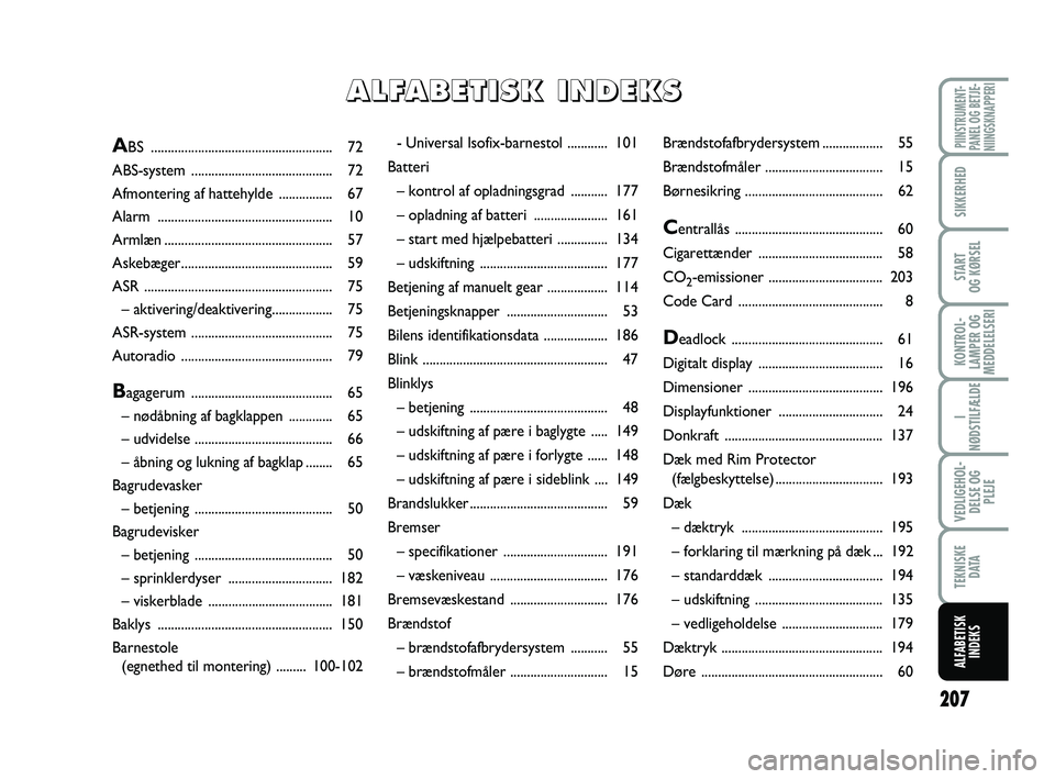 FIAT PUNTO 2015  Brugs- og vedligeholdelsesvejledning (in Danish) 207
PIINSTRUMENT-
PANEL OG BETJE-
NIINGSKNAPPERI
SIKKERHED
START
OG KØRSEL
KONTROL-
LAMPER OG
MEDDELELSERI
I
NØDSTILFÆLDE
VEDLIGEHOL- DELSE OG PLEJE
TEKNISKE D ATA
ALFABETISKINDEKS
- Universal I so