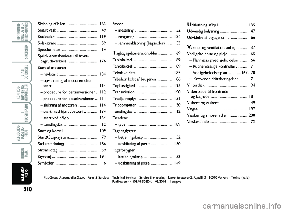 FIAT PUNTO 2015  Brugs- og vedligeholdelsesvejledning (in Danish) 210
PIINSTRUMENT-
PANEL OG BETJE-
NIINGSKNAPPERI
SIKKERHED
START
OG KØRSEL
KONTROL-
LAMPER OG
MEDDELELSERI
I 
NØDSTILFÆLDE
VEDLIGEHOL- DELSE OG PLEJE
TEKNISKE D ATA
ALFABETISKINDEKS
Sæder
– inds