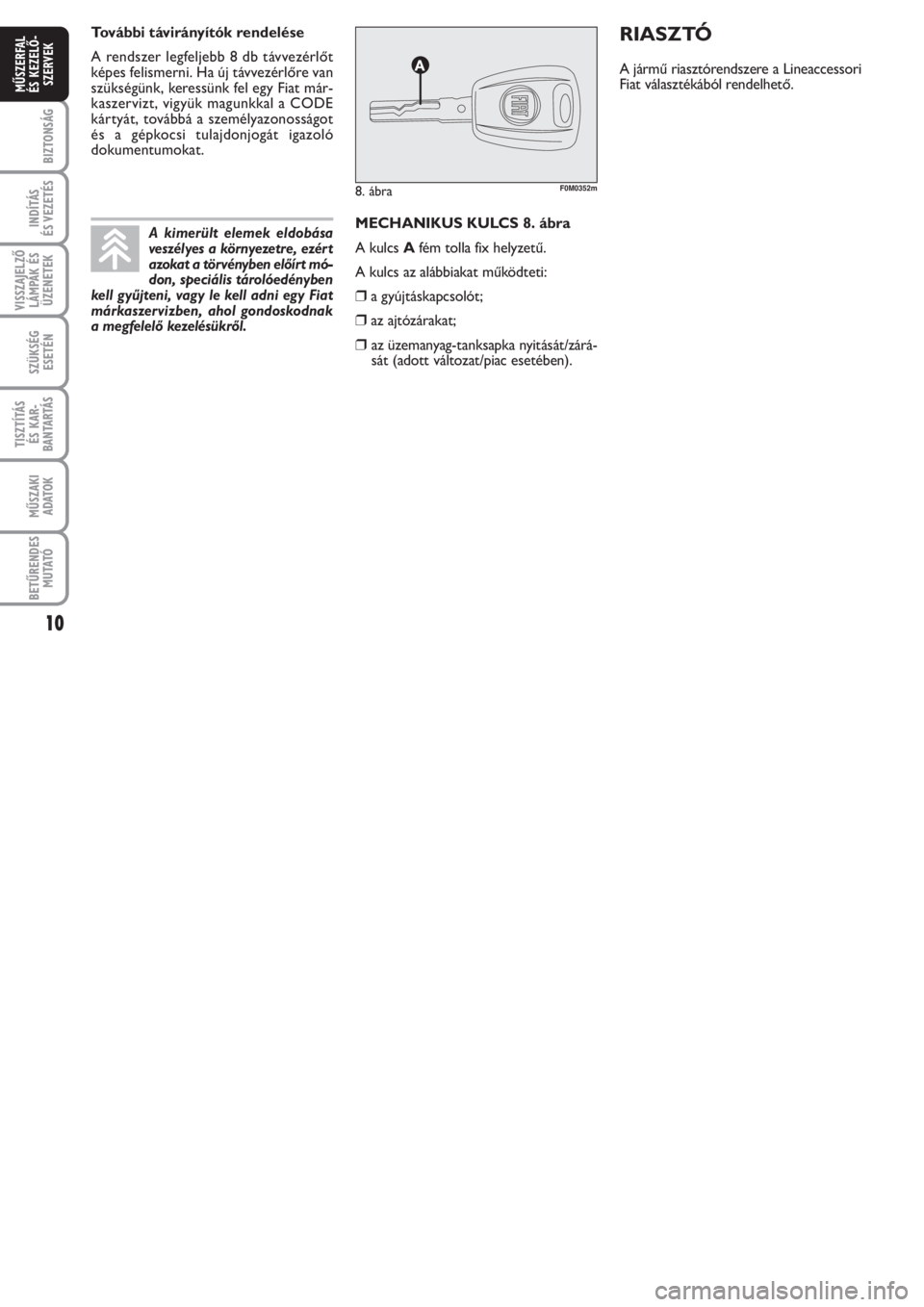 FIAT PUNTO 2011  Kezelési és karbantartási útmutató (in Hungarian) 10
BIZTONSÁG
INDÍTÁS 
ÉS VEZETÉS
VISSZAJELZŐ
LÁMPÁK ÉS
ÜZENETEK
SZÜKSÉG
ESETÉN
TISZTÍTÁS 
ÉS KAR -
BANTARTÁS
MŰSZAKI
ADATOK
BETŰRENDES
M U TATÓ
MŰSZERFAL 
ÉS KEZELŐ -
SZERVEK
ME