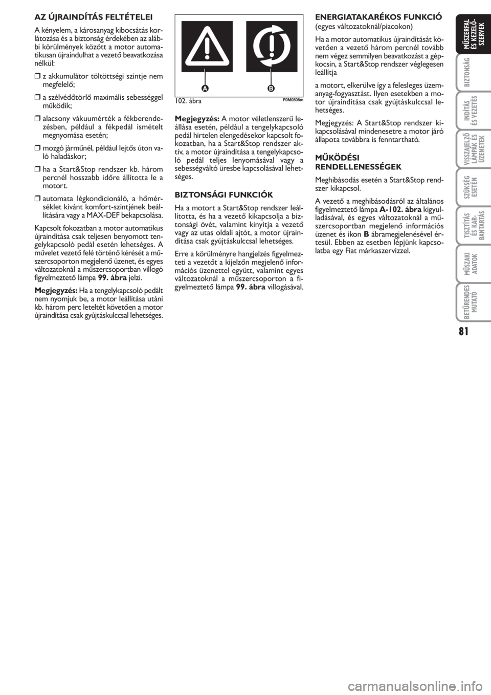 FIAT PUNTO 2012  Kezelési és karbantartási útmutató (in Hungarian) 81
BIZTONSÁG
INDÍTÁS 
ÉS VEZETÉS
VISSZAJELZŐ
LÁMPÁK ÉS
ÜZENETEK
SZÜKSÉG
ESETÉN
TISZTÍTÁS 
ÉS KAR -
BANTARTÁS
MŰSZAKI
ADATOK
BETŰRENDES
M U TATÓ
MŰSZERFAL 
ÉS KEZELŐ -
SZERVEK
10
