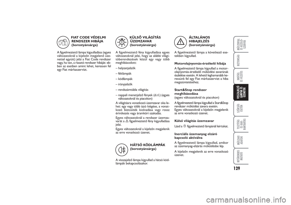 FIAT PUNTO 2014  Kezelési és karbantartási útmutató (in Hungarian) MŰSZERFAL 
ÉS KEZELŐ -
SZERVEK
129
SZÜKSÉG
ESETÉNTISZTÍTÁS 
ÉS KAR -
BANTARTÁSMŰSZAKI
ADATOKBETŰRENDES
M U TAT ÓBIZTONSÁGINDÍTÁS 
ÉS VEZETÉSVISSZAJELZŐ
LÁMPÁK ÉS
ÜZENETEK
ÁLTAL