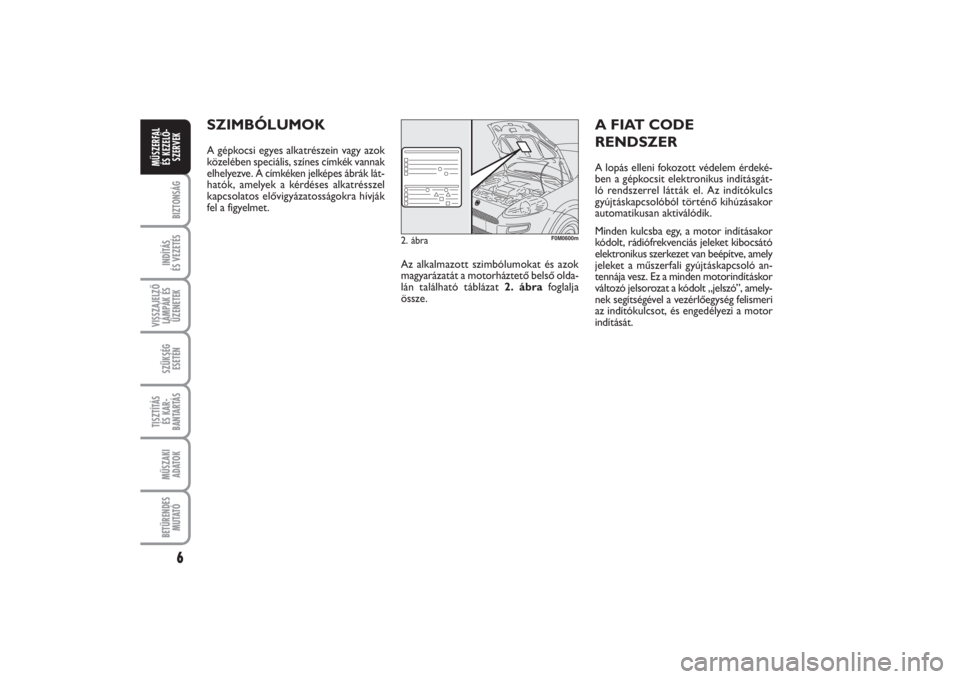 FIAT PUNTO 2014  Kezelési és karbantartási útmutató (in Hungarian) 6BIZTONSÁGINDÍTÁS 
ÉS VEZETÉSVISSZAJELZŐ
LÁMPÁK ÉS
ÜZENETEKSZÜKSÉG
ESETÉNTISZTÍTÁS 
ÉS KAR -
BANTARTÁSMŰSZAKI
ADATOKBETŰRENDES
M U TAT ÓMŰSZERFAL 
ÉS KEZELŐ -
SZERVEK
SZIMBÓLUM