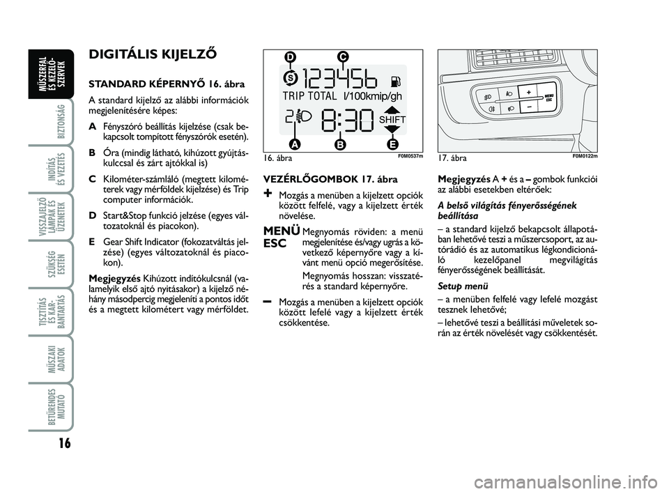 FIAT PUNTO 2018  Kezelési és karbantartási útmutató (in Hungarian) 16
BIZTONSÁG
INDÍTÁS 
ÉS VEZETÉS
VISSZAJELZŐ LÁMPÁK ÉSÜZENETEK
SZÜKSÉG ESETÉN
TISZTÍTÁS ÉS KAR -
BANTARTÁS
MŰSZAKI ADATOK
BETŰRENDES M U TAT Ó
MŰSZERFAL ÉS KEZELŐ - SZERVEK
DIGI