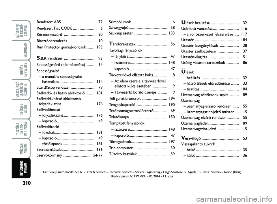 FIAT PUNTO 2017  Kezelési és karbantartási útmutató (in Hungarian) MŰSZERFAL ÉS KEZELŐ - SZERVEK
210
BIZTONSÁG
INDÍTÁS 
ÉS VEZETÉS
VISSZAJELZŐ LÁMPÁK ÉSÜZENETEK
SZÜKSÉG ESETÉN
TISZTÍTÁS ÉS KAR -
BANTARTÁS
MŰSZAKI ADATOK
BETŰRENDES M U TAT Ó
Szi
