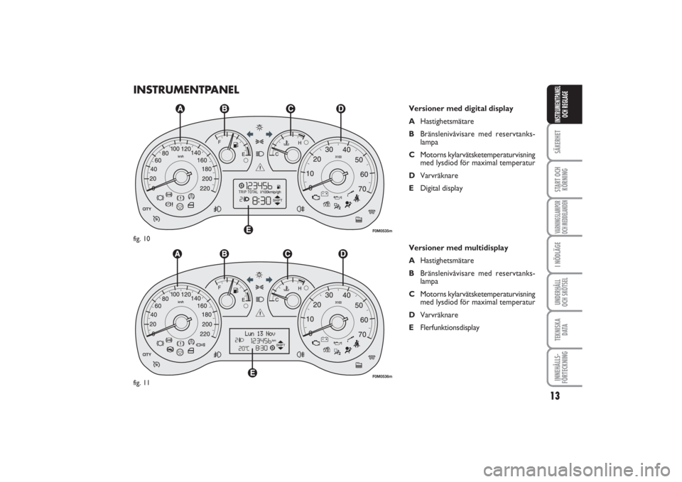 FIAT PUNTO 2014  Drift- och underhållshandbok (in Swedish) 13
SÄKERHETSTART OCH
KÖRNINGVARNINGSLAMPOR
OCH MEDDELANDENI NÖDLÄGEUNDERHÅLL
OCH SKÖTSELTEKNISKA
D ATAINNEHÅLLS-
FÖRTECKNINGINSTRUMENTPANEL
OCH REGLAGE
INSTRUMENTPANEL
Versioner med digital di