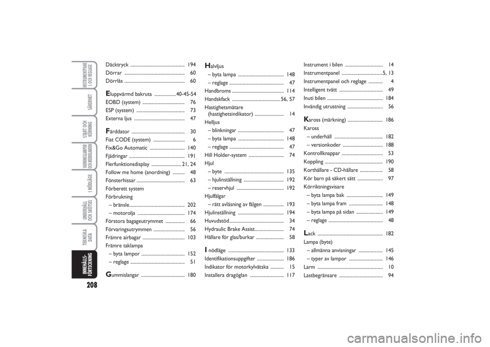 FIAT PUNTO 2014  Drift- och underhållshandbok (in Swedish) 208SÄKERHETSTART OCH
KÖRNINGVARNINGSLAMPOR
OCH MEDDELANDENI NÖDLÄGEUNDERHÅLL
OCH SKÖTSEL TEKNISKA
D ATAINSTRUMENTPANE
L OCH REGLAGEINNEHÅLLS-
FÖRTECKNING
H
alvljus
– byta lampa .............