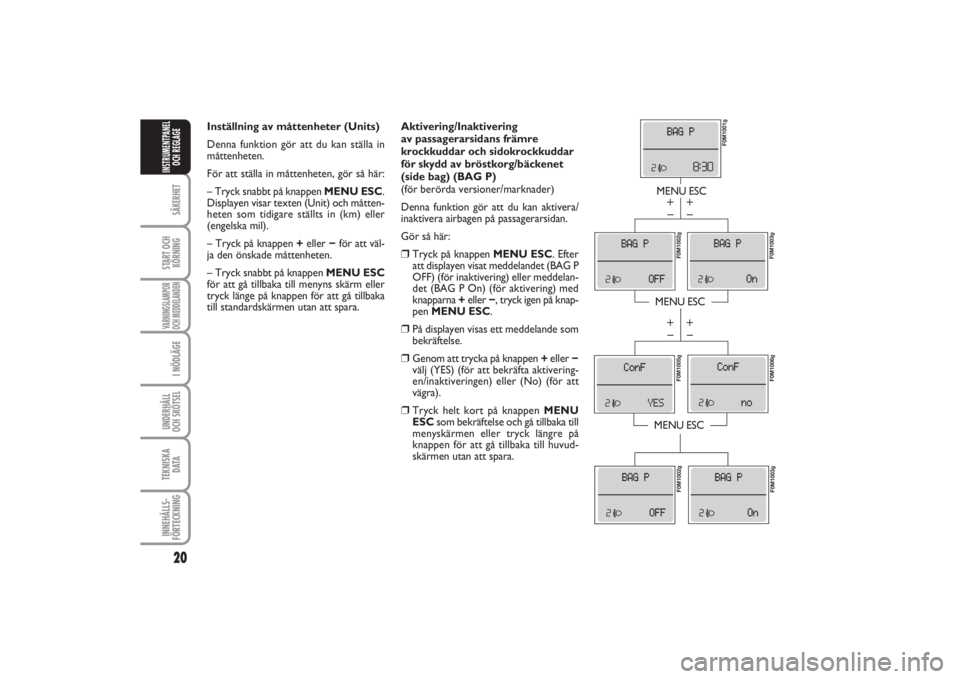 FIAT PUNTO 2014  Drift- och underhållshandbok (in Swedish) 20SÄKERHETSTART OCH
KÖRNINGVARNINGSLAMPOR
OCH MEDDELANDENI NÖDLÄGEUNDERHÅLL
OCH SKÖTSEL TEKNISKA
D ATAINNEHÅLLS-
FÖRTECKNINGINSTRUMENTPANEL
OCH REGLAGE
Aktivering/Inaktivering 
av passagerarsi